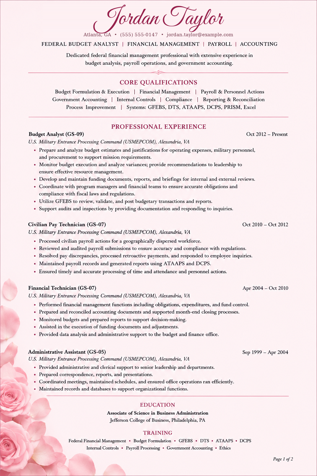 Federal budget analyst résumé layout design shown with fictional sample name and contact details