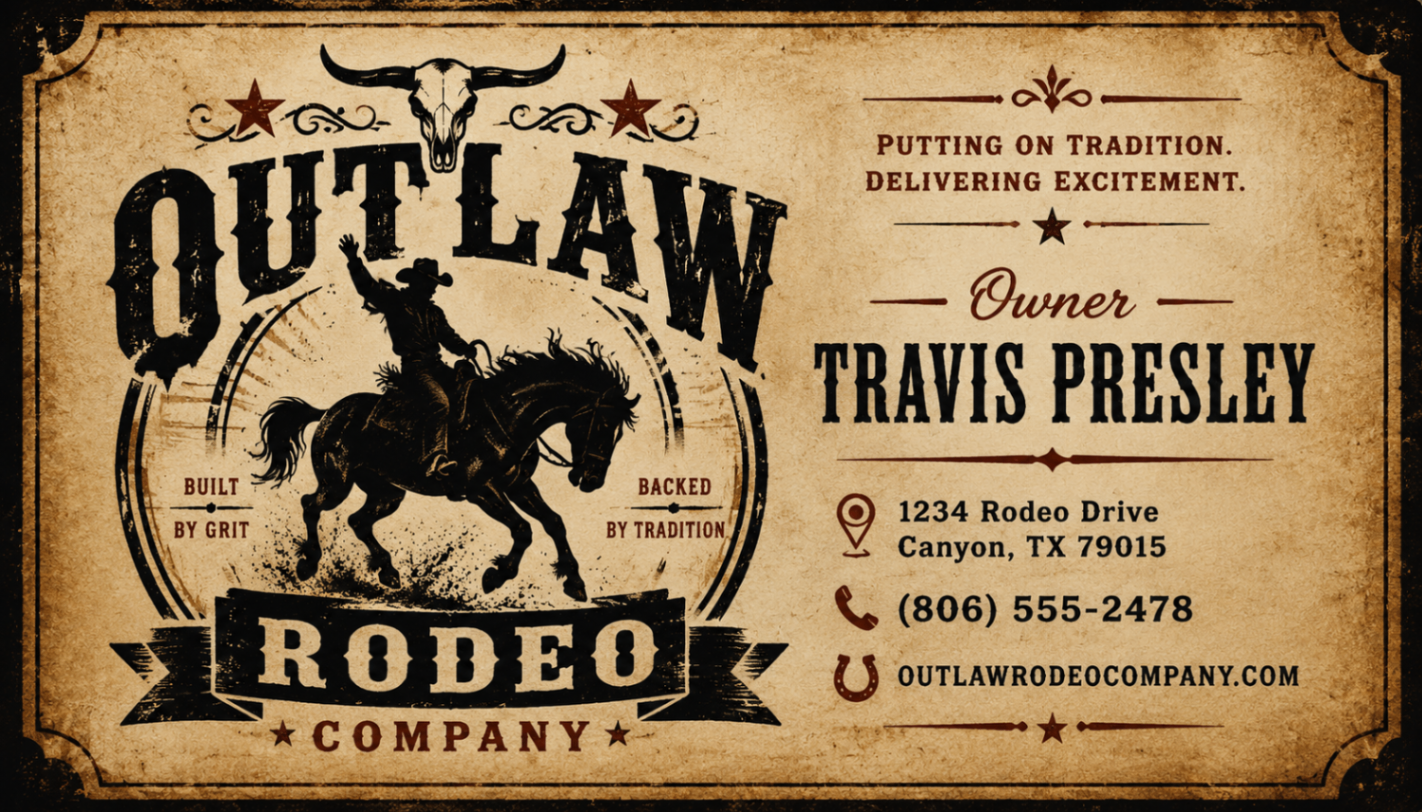 Outlaw Rodeo Company owner business card design