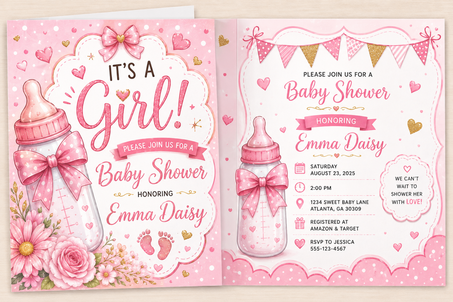 Baby shower invitation suite design in soft pink tones